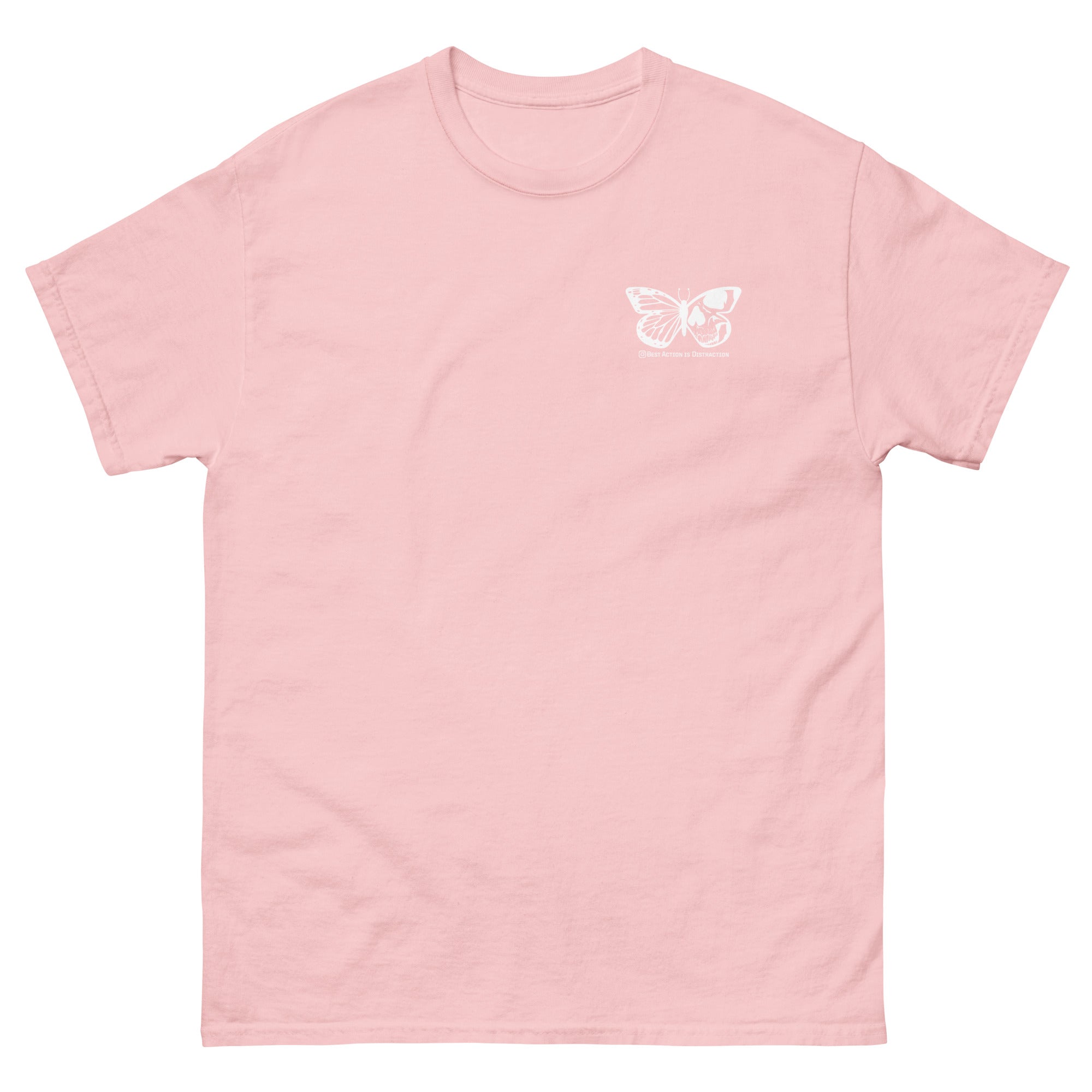 Pink t-shirt with a white butterfly design on a white background