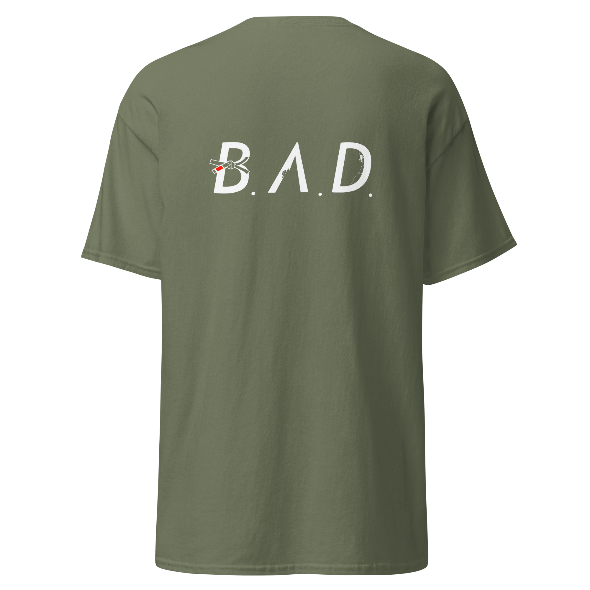 Green t-shirt with 'B.A.D.' printed on the back against a white background
