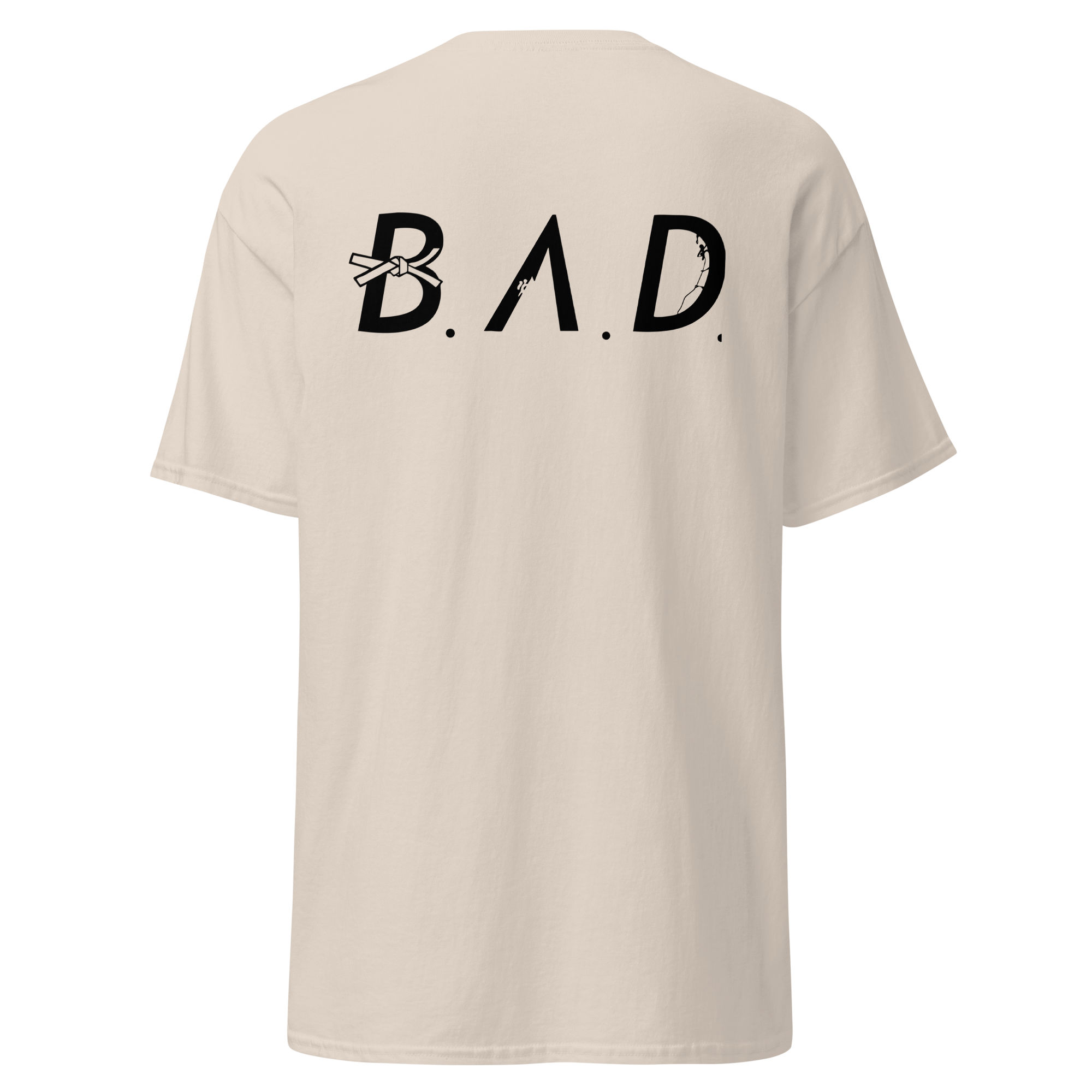 Beige t-shirt with 'B.A.D.' printed on the back against a white background