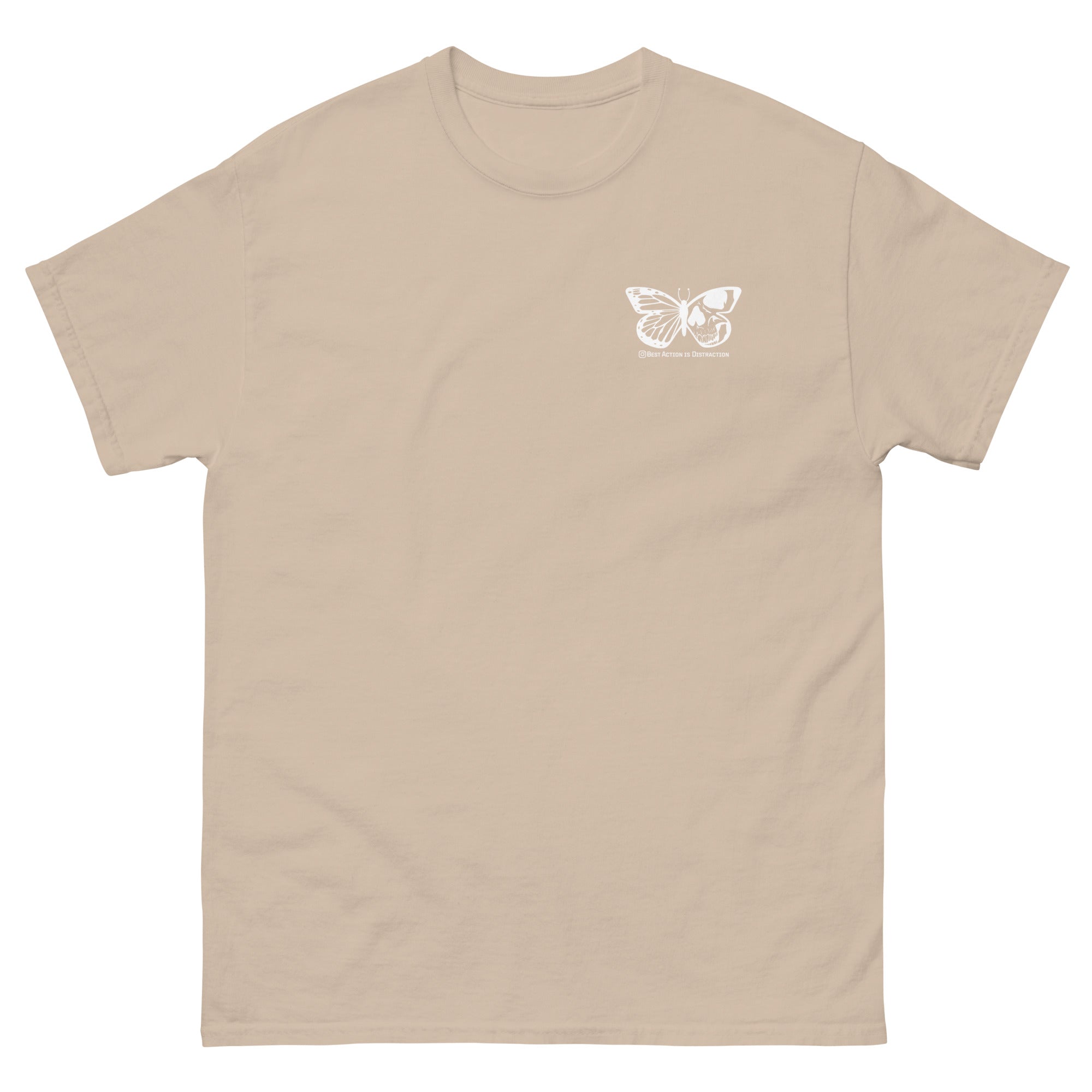 Beige t-shirt with a white butterfly logo on a white background