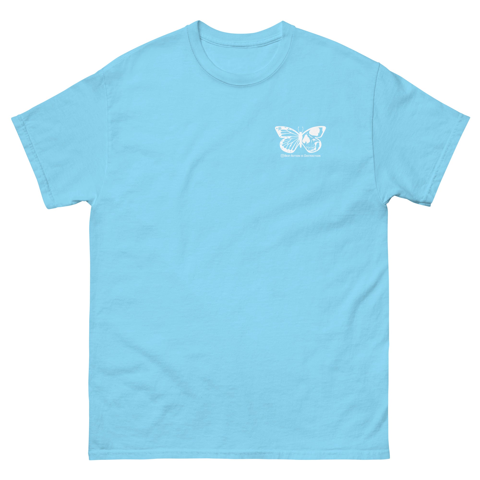Light blue t-shirt with a white butterfly logo on a white background