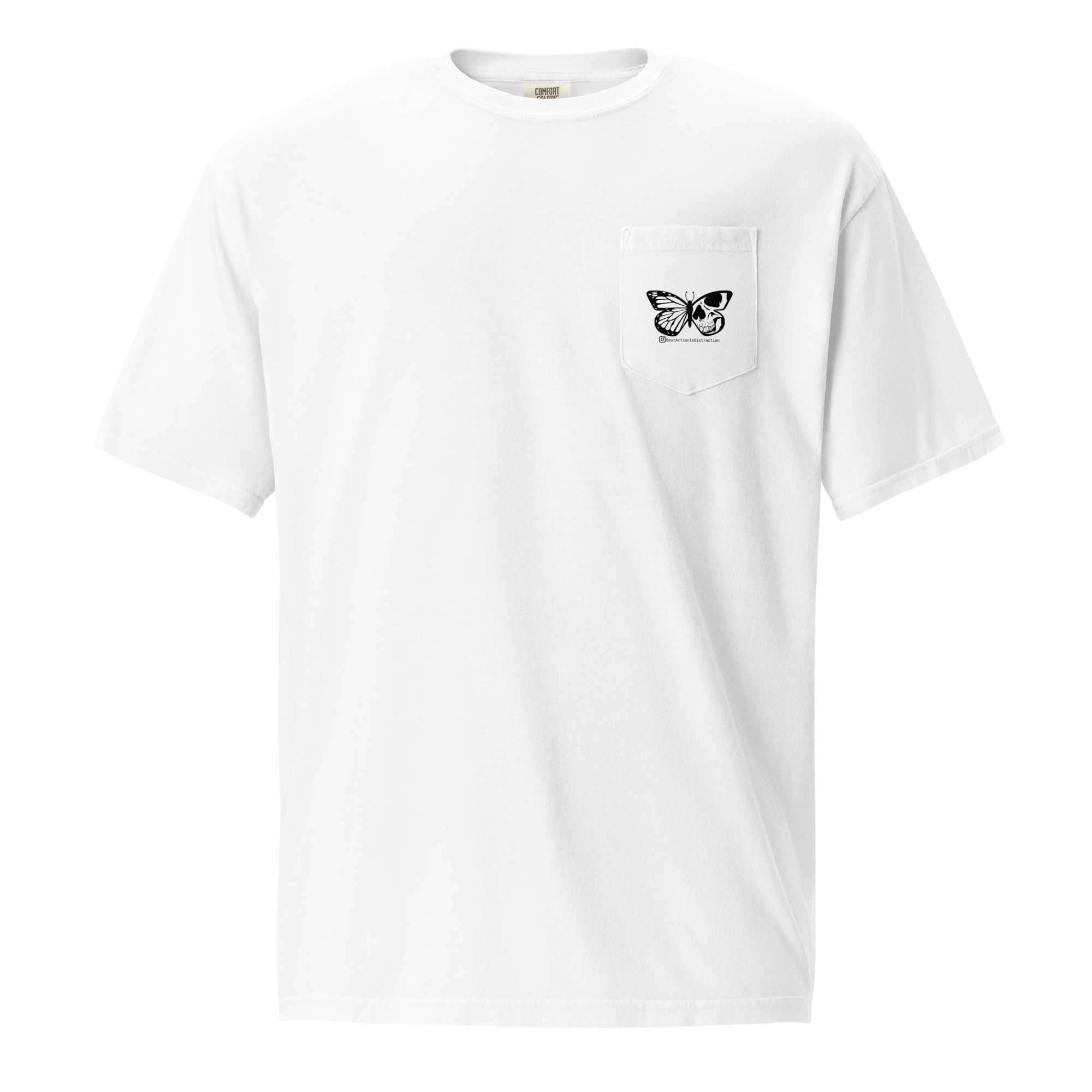 White t-shirt with a black butterfly design on a white background