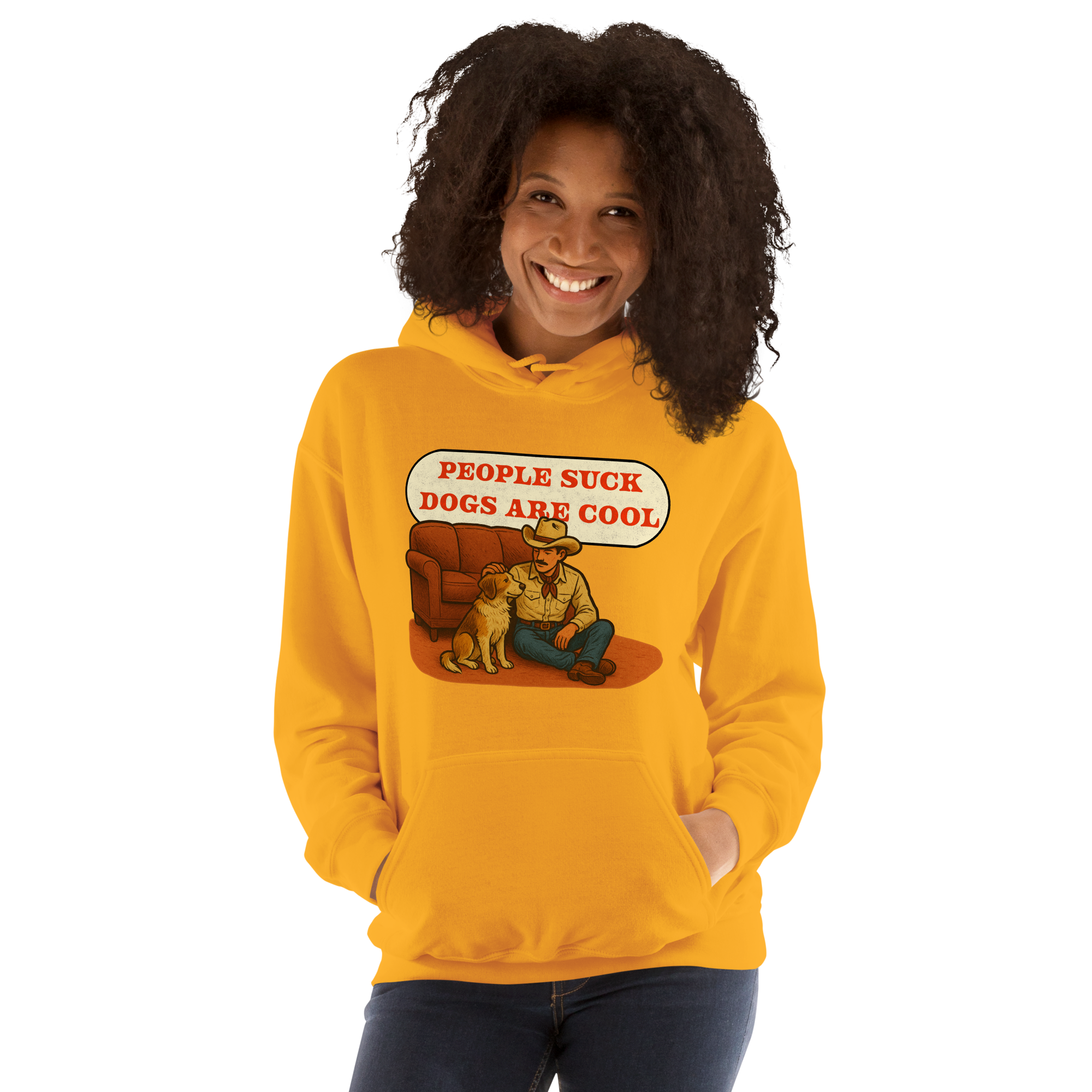 Person wearing a yellow hoodie with a graphic and text 'People suck, dogs are cool' on a white background
