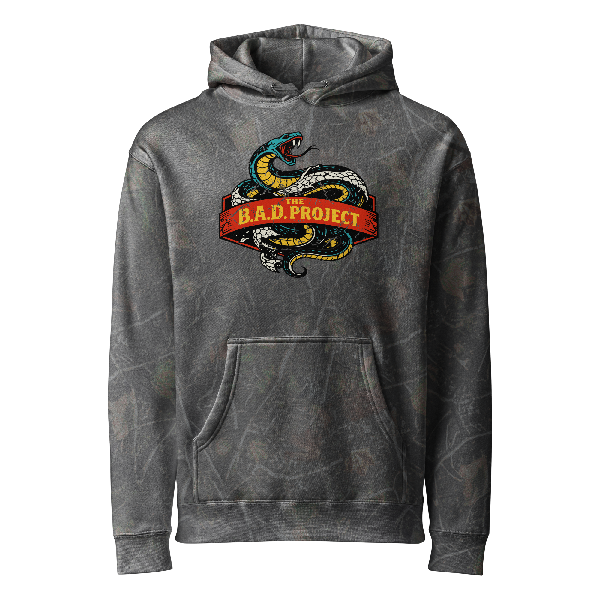 Gray hoodie with snake design and 'B.A.D. Project' text on a white background