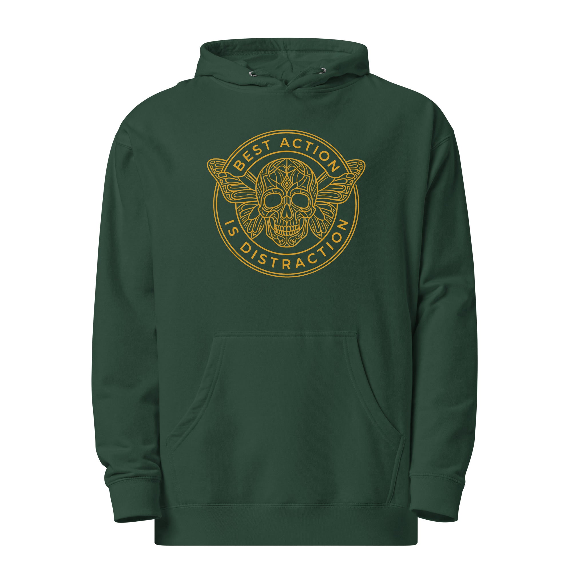 Green hoodie with yellow graphic design on a white background
