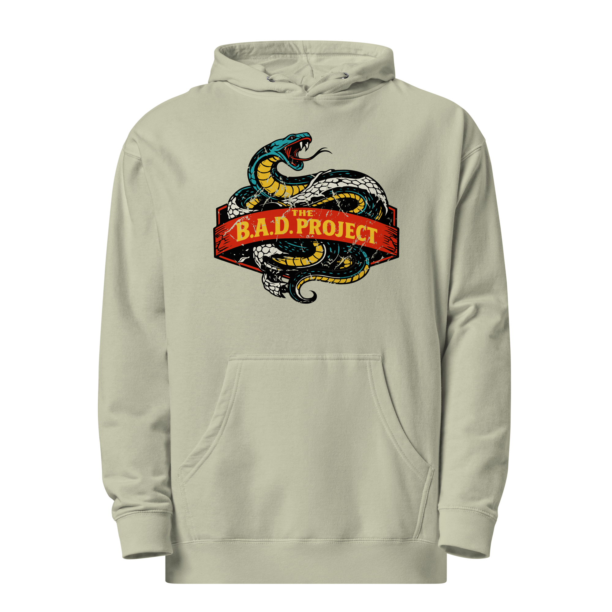 Beige hoodie with a snake graphic and 'B.A.D. Project' text on a white background