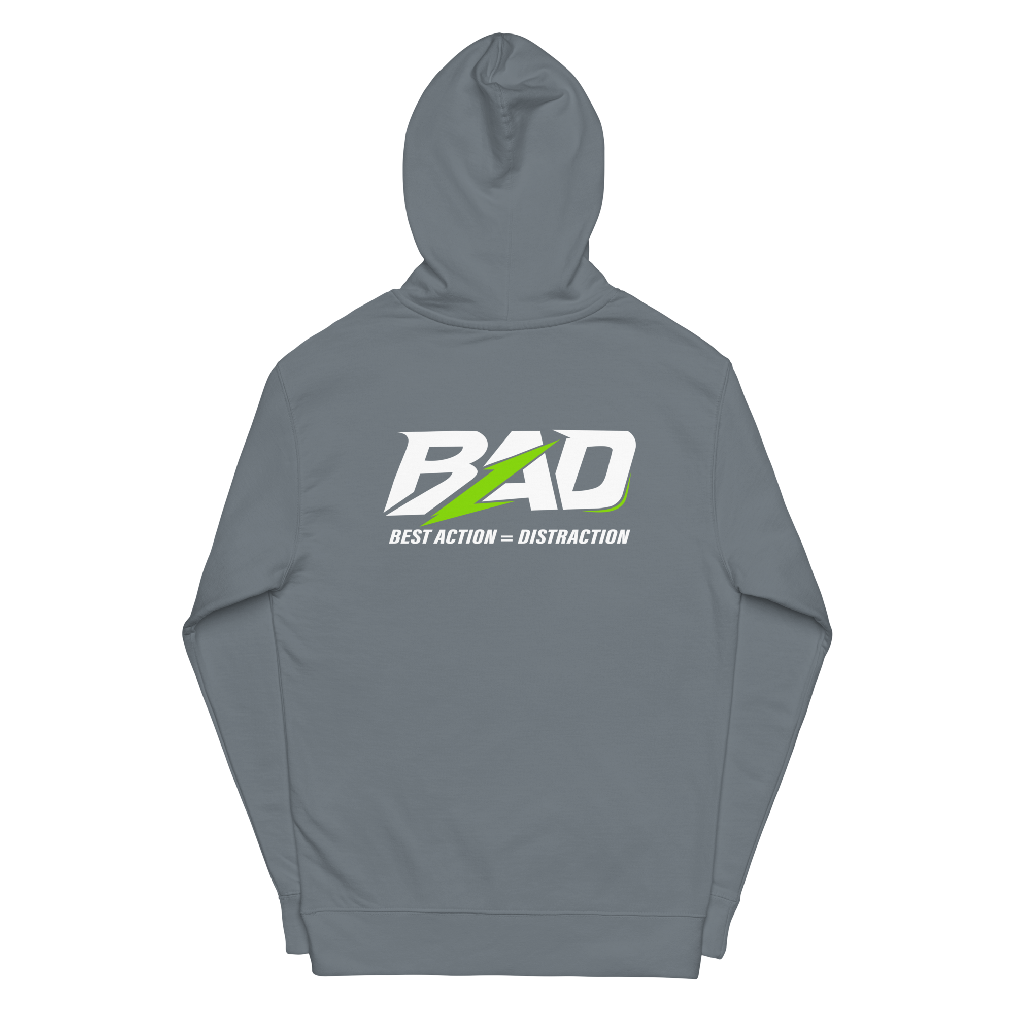 Gray hoodie with 'BAD' logo on a white background