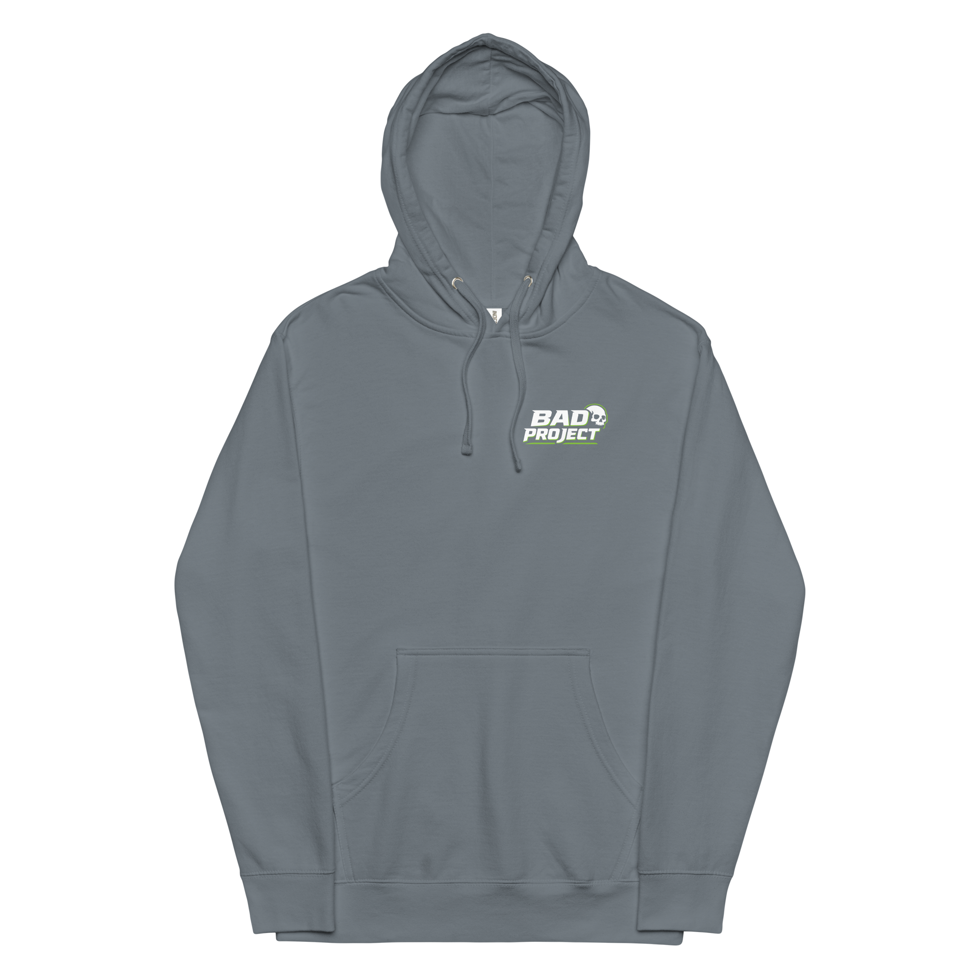 Gray hoodie with a logo on the chest against a white background