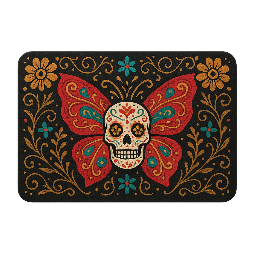 Decorative mat with a sugar skull and butterfly design on a black background