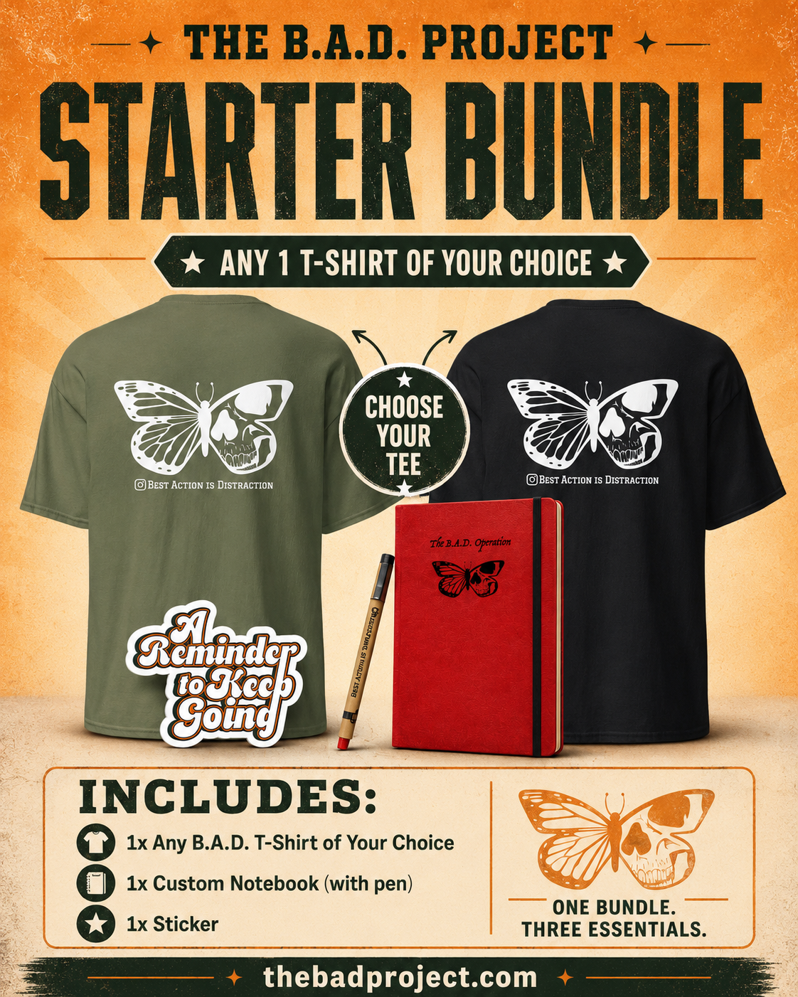 Promotional graphic for The B.A.D. Project Starter Bundle with t-shirts, notebook, and pen on an orange background.