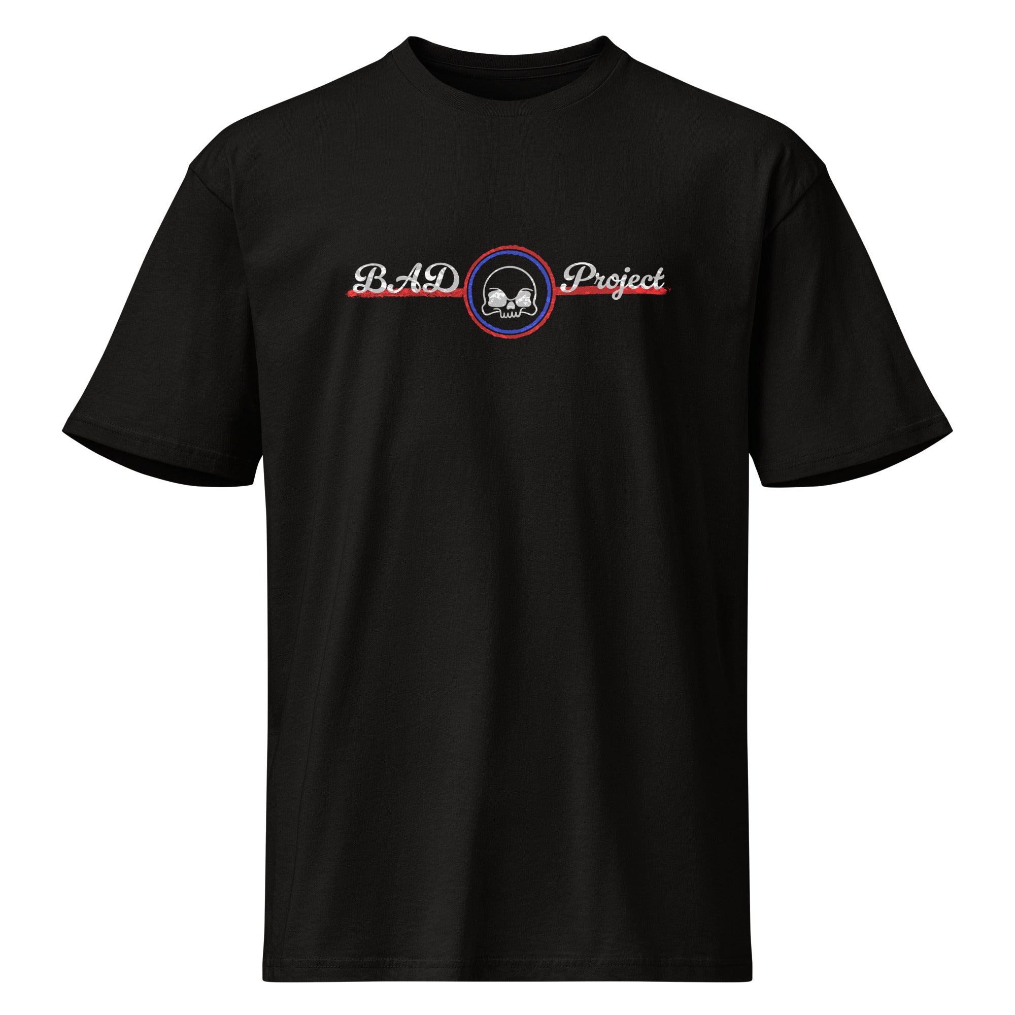 Black t-shirt with a graphic design on a white background