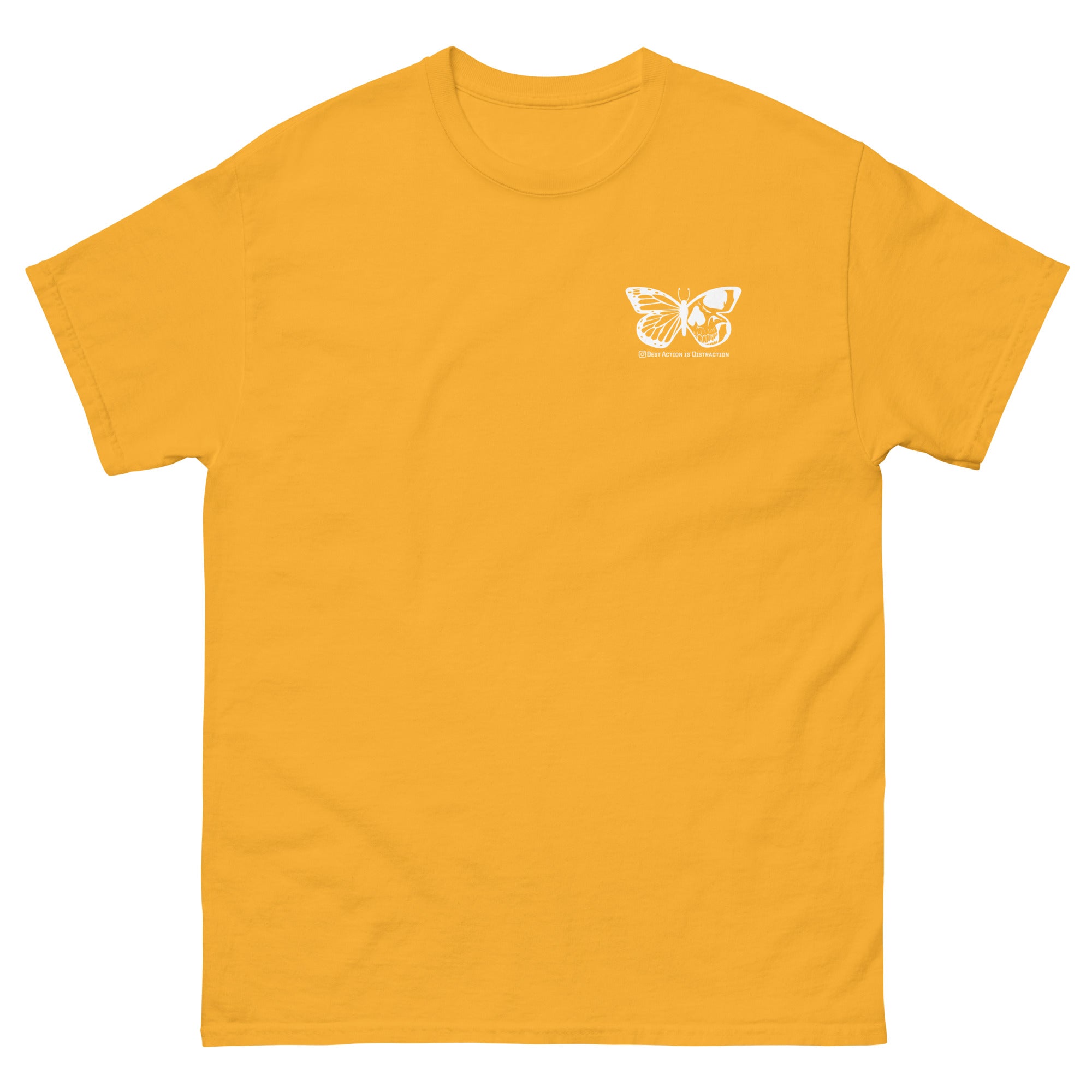 Yellow t-shirt with a white butterfly design on a white background