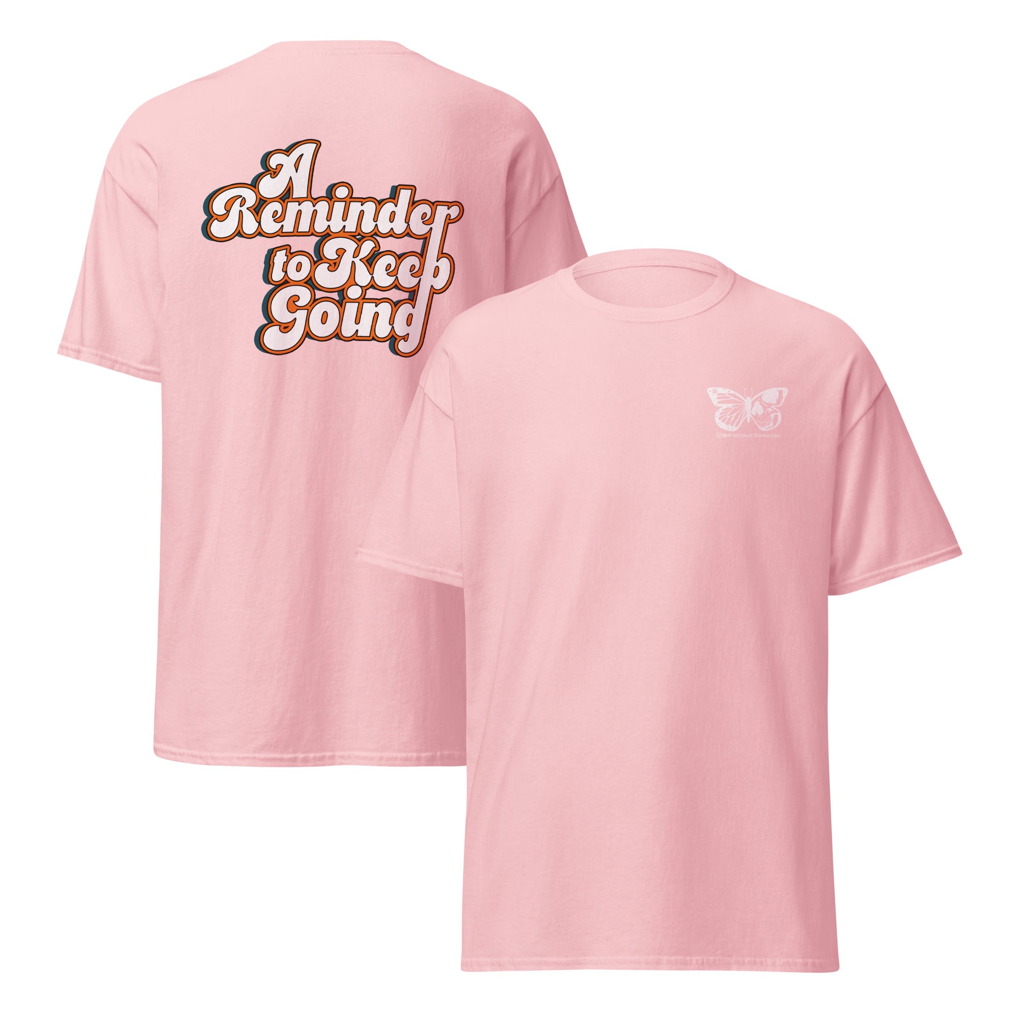 Pink t-shirt with text and logo on front and back