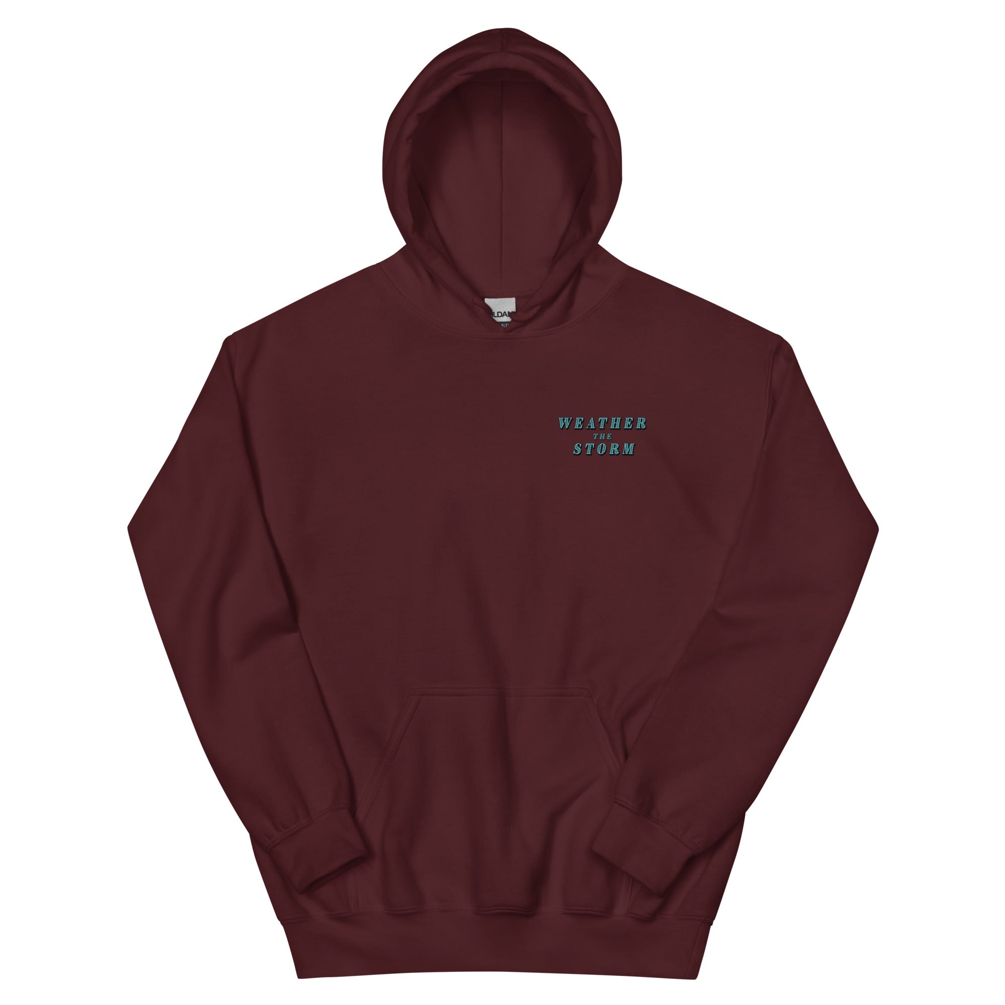 Maroon hoodie with text on a white background