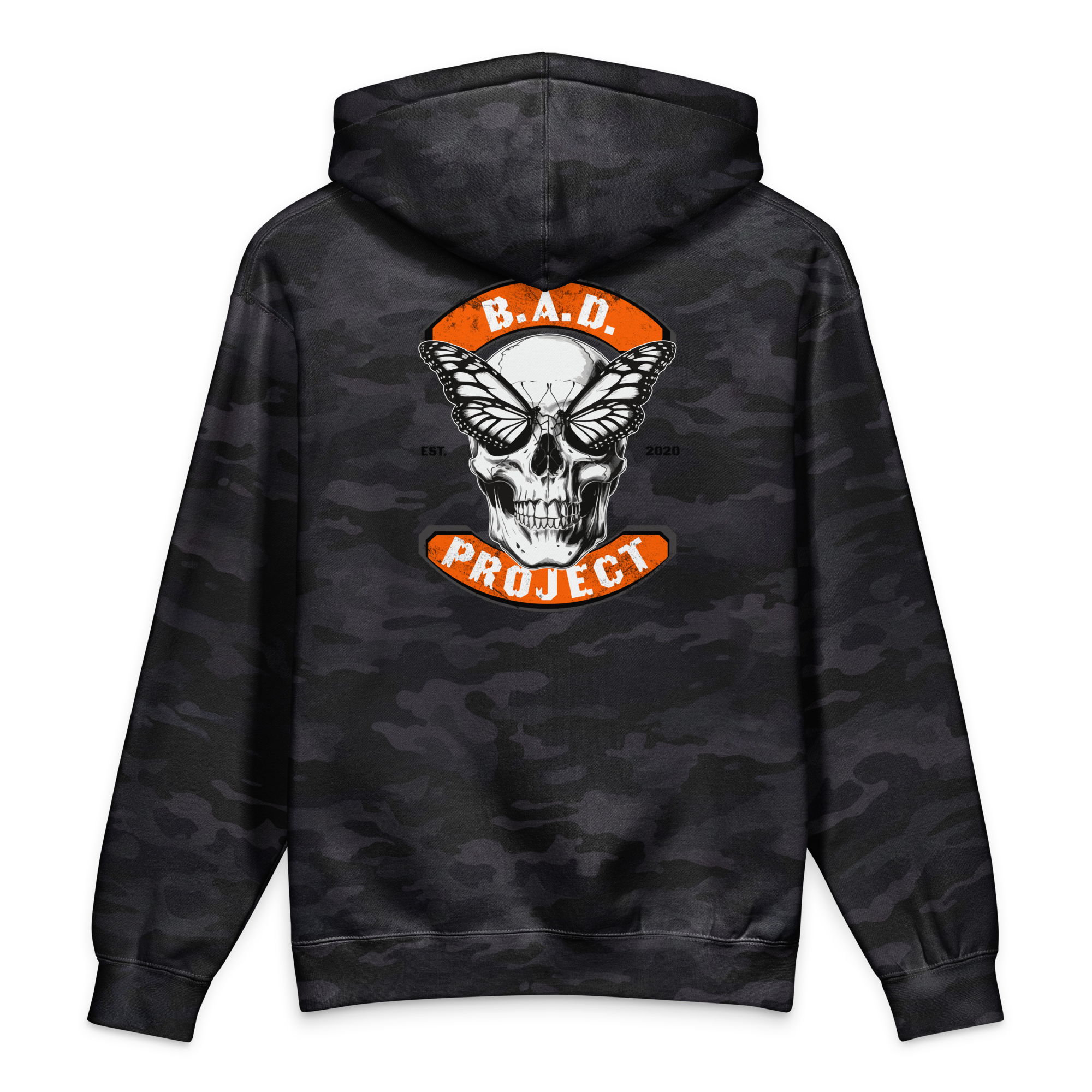 Black camouflage hoodie with a skull and butterfly design on the back, featuring 'B.A.D. Project' text.