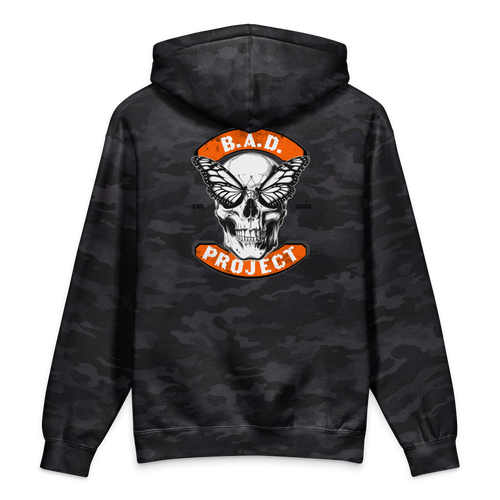 Black camouflage hoodie with a skull and butterfly design on the back, featuring 'B.A.D. Project' text.