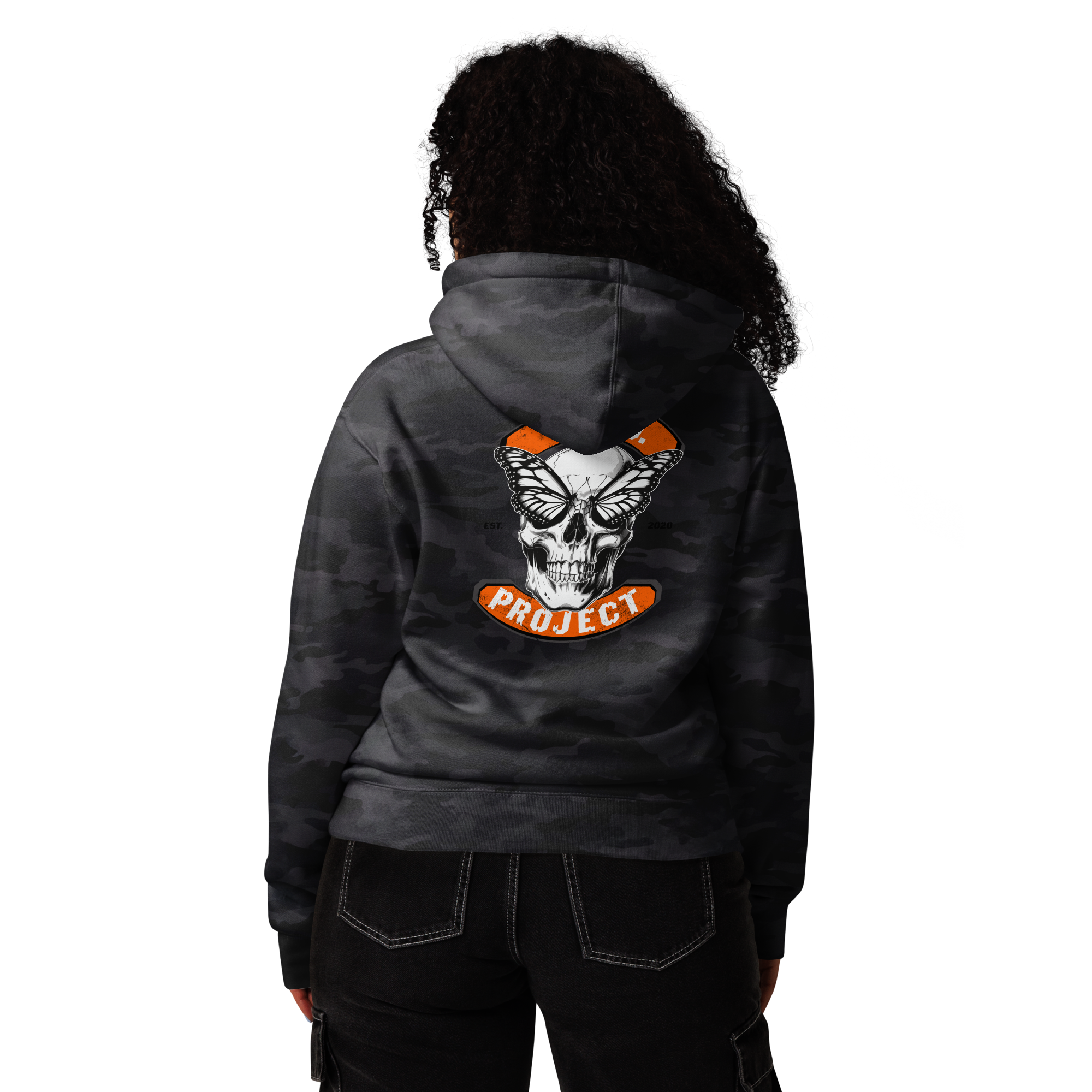 Person wearing a black hoodie with a skull design and 'PROJECT' text on the back.