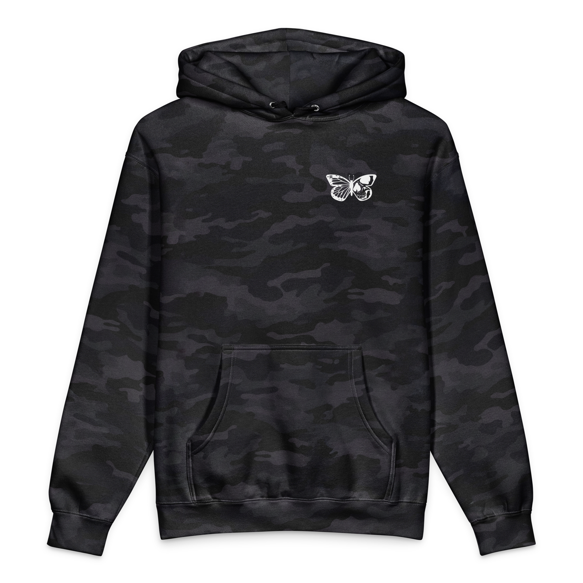 Black camouflage hoodie with a butterfly logo on a white background