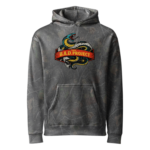 Gray hoodie with snake design and 'B.A.D. Project' text on a white background
