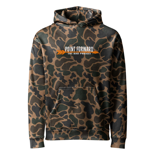 Camouflage hoodie with a logo on a white background