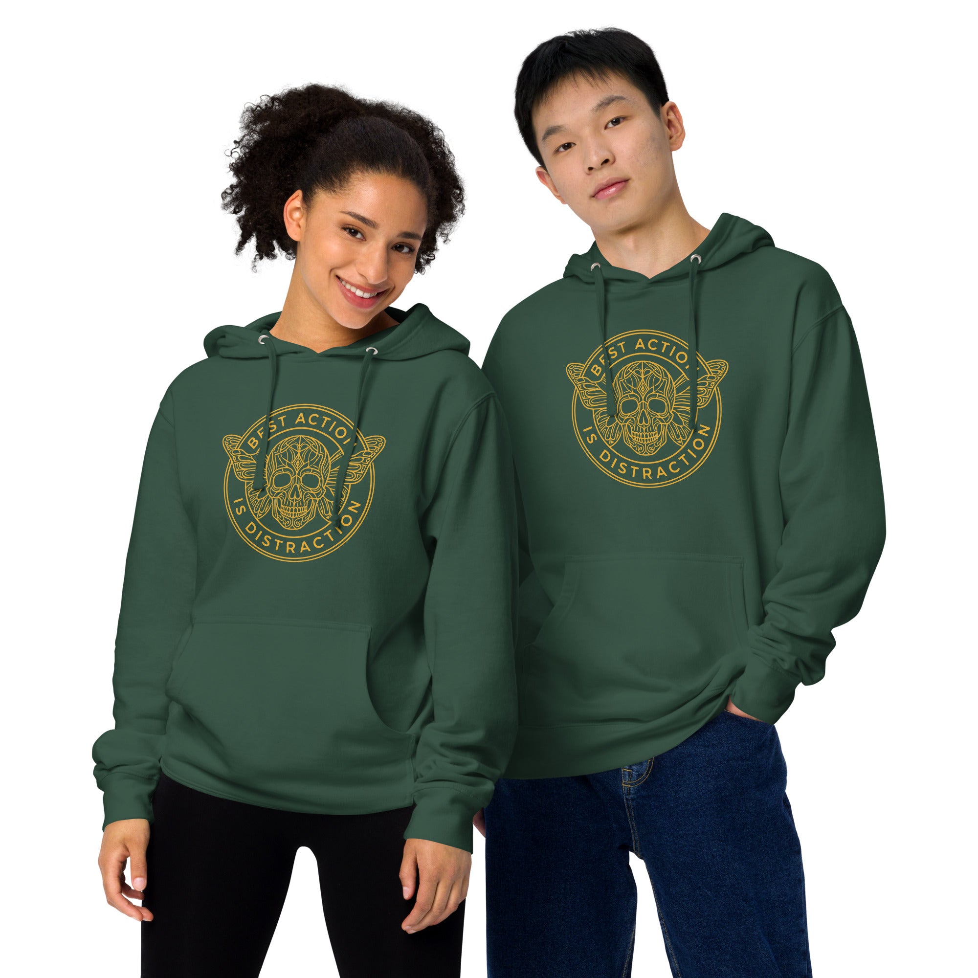 Two people wearing green hoodies with a graphic design on a white background