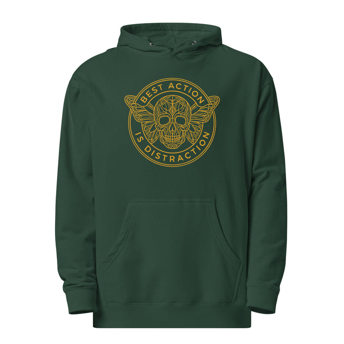 Green hoodie with yellow graphic design on a white background