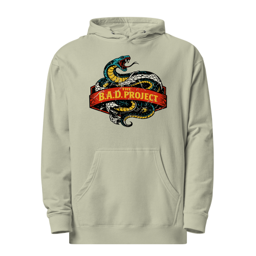 Beige hoodie with a snake graphic and 'B.A.D. Project' text on a white background
