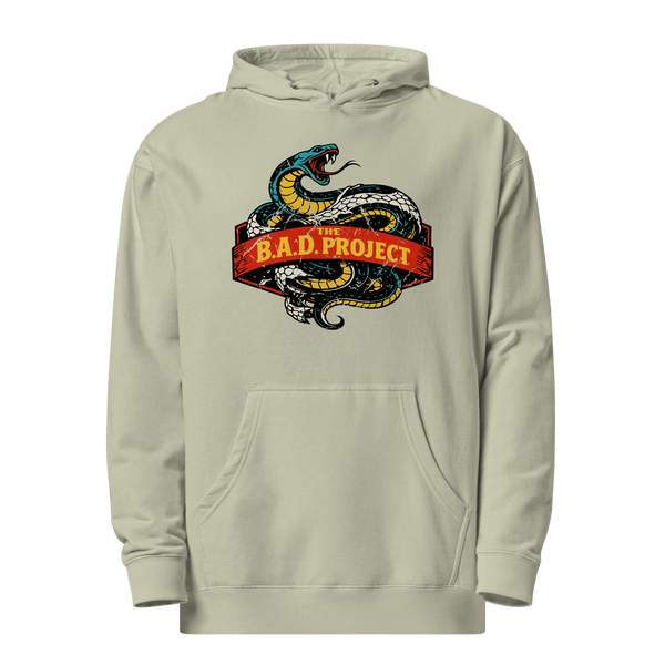 Beige hoodie with a snake graphic and 'B.A.D. Project' text on a white background