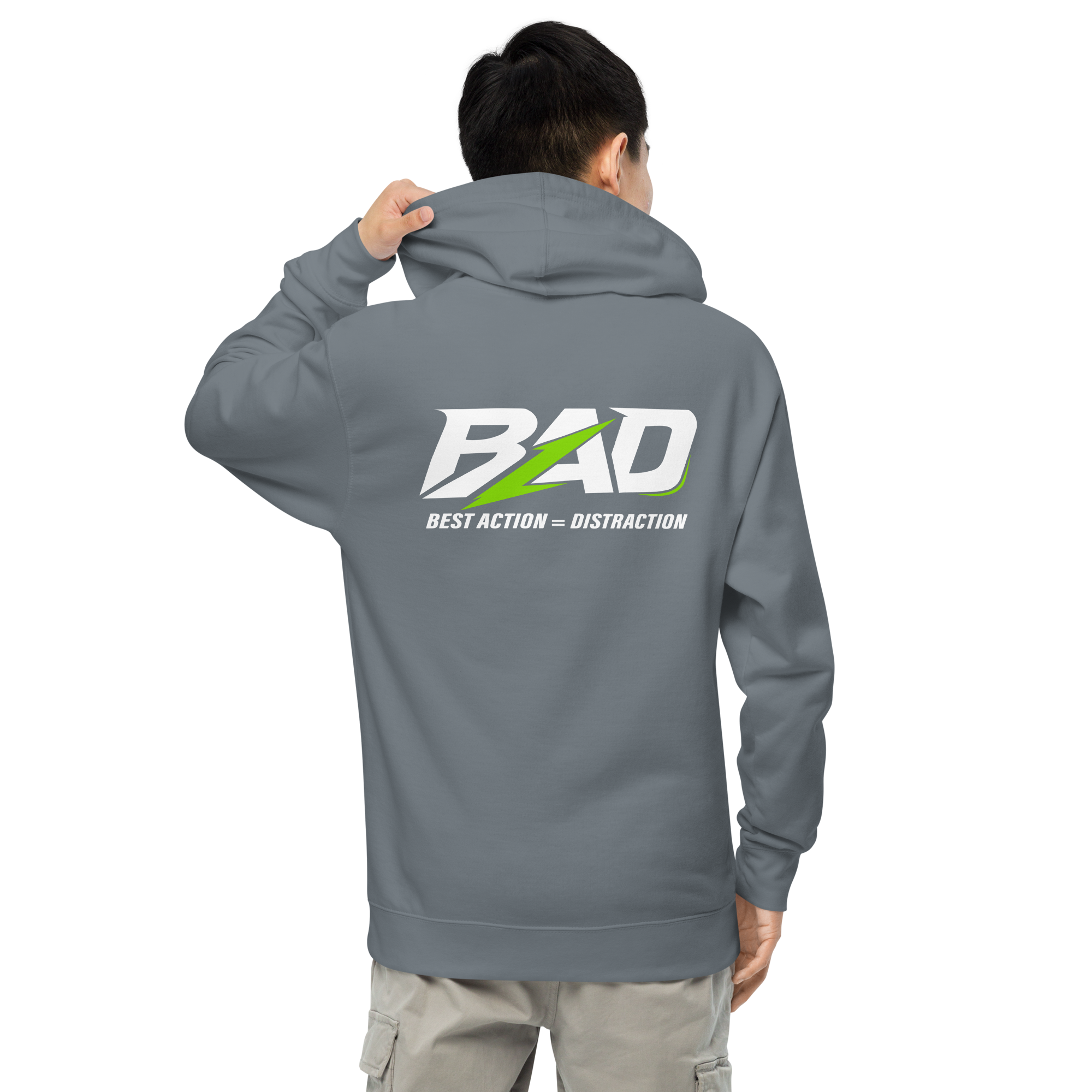 Person wearing a gray hoodie with 'BAD' logo on the back