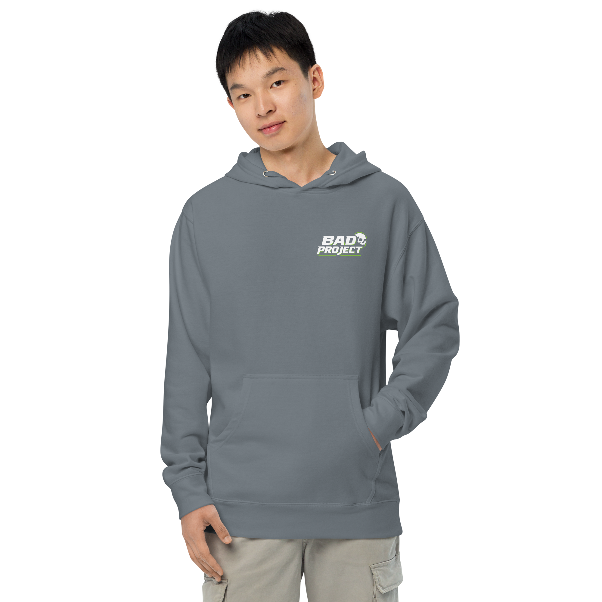 Person wearing a gray hoodie with 'Bad Project' logo on a white background